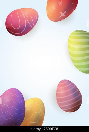 Easter multicolored eggs realistic 3d, confetti blue. Vector illustration, copy space Stock Vector