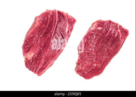 Raw kangaroo steak, wild fresh game meat isolated on white background. top view. Stock Photo