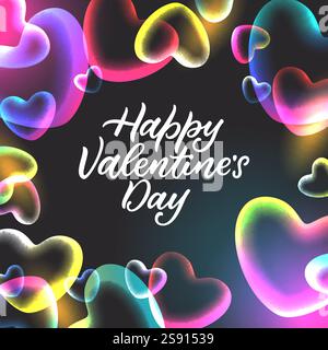 Happy Valentines Day square poster, banner with transparent glowing gradient hearts frame. Vector holiday illustration. Romantic abstract trendy desig Stock Vector