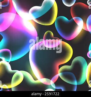 Transparent glowing gradient hearts seamless pattern. Vector 3d glass illustration. Valentines day holiday decoration, birthday gift background. Fashi Stock Vector