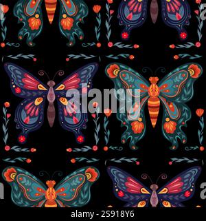 Vector seamless tile pattern with tracery butterflies and floral decorations. Folk art texture with flying insects on black background. Surface design Stock Vector