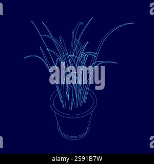 Blue drawing of a plant in a pot. The plant is tall and thin, with long leaves. The pot is small and round, and the plant is placed in the center of t Stock Vector
