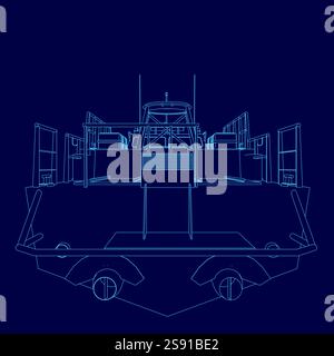 Blue drawing of a boat outline. The boat is shown from the back Stock Vector