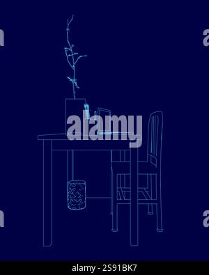 Blue drawing of a desk with a chair and a vase of flowers on it. The vase is filled with flowers and the chair is positioned in front of the desk. The Stock Vector