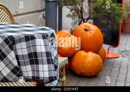 A corner of the cafe's outdoor terrace, where several orange pumpkins are placed next to each other on a table with a checkered tablecloth. Stock Photo