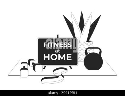 Fitness at home setup black and white 2D illustration concept Stock Vector
