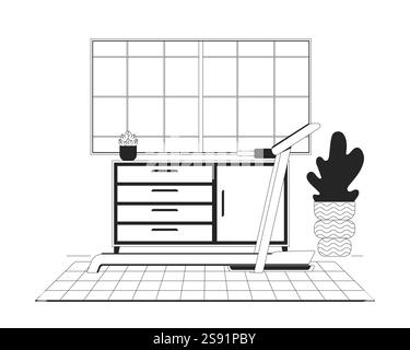 Treadmill and cabinet in home gym room linear illustration Stock Vector