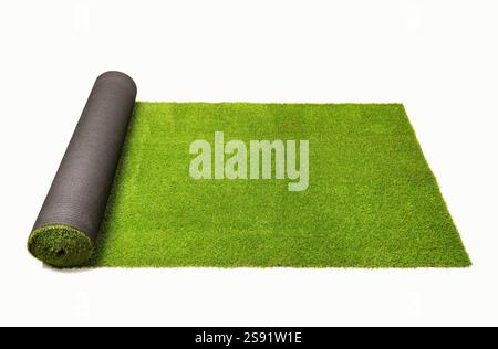 Artificial rolled green grass, isolated on white background Stock Photo