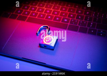 Closeup of a padlock lying on an computer surface. The padlock is unlocked and displays a green OK checkmark. Stock Photo
