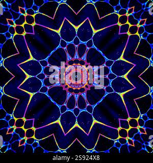 A unique kaleidoscope made from a photograph. Abstract kaleidoscope background. Beautiful psychedelic circular pattern. Multicolor geometric texture Stock Photo