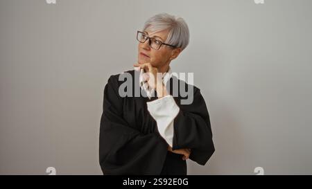 Mature grey-haired woman in judicial robe posing thoughtfully against isolated white background Stock Photo