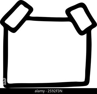 Doodle Post Note icon, paper piece with adhesive tape stripes hand drawn with black line in freehand style. Vector illustration isolated on white back Stock Vector