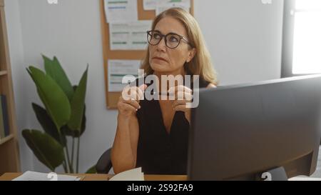 Mature blonde woman working in an office sitting at a desk with a computer looking thoughtful Stock Photo