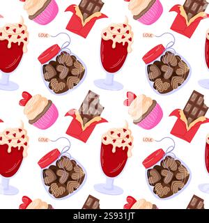 Seamless Valentine Day pattern with chocolate candies, cupcake, drinks and red packaging in cartoon style. Perfect for holiday design, wrapping paper Stock Vector