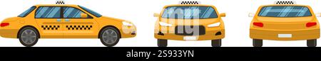 Featuring three vector illustrations displaying the front, side, and rear views of a yellow taxi cab, all isolated against a clean white background Stock Vector
