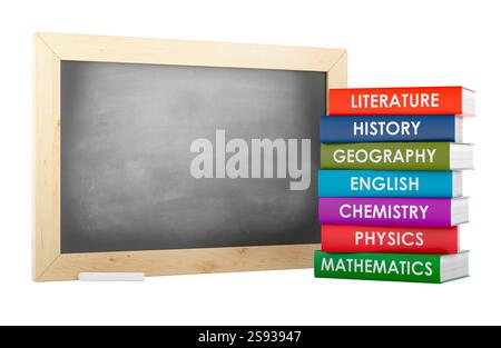 School blackboard and stack of textbooks, 3D rendering isolated on white background Stock Photo