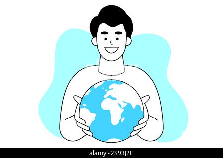 Man with planet in hands. Caring about environment and climate. Cartoon flat vector illustration. Stock Vector