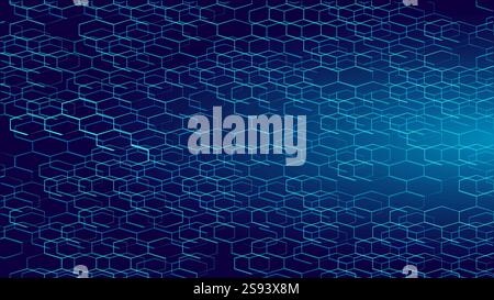 Geometric space hexagonal dark blue abstract background. Sea depth night sky concept. Strict business style gradient honeycomb mesh vector Stock Vector