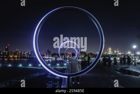 Circa art installation by Limbic Cinema by the river thames is part of the Canary Wharf Winter Lights festival. Stock Photo