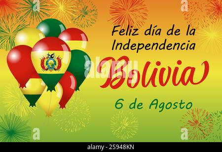 Bolivia's Independence Day August 6 greeting card design. Happy Independence Day Bolivia 6th of August postcard template with 3D balloons and firework Stock Vector