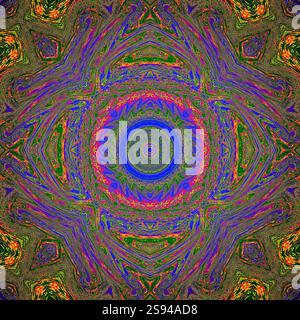 A unique kaleidoscope made from a photograph. Abstract kaleidoscope background. Beautiful psychedelic circular pattern. Multicolor geometric texture Stock Photo