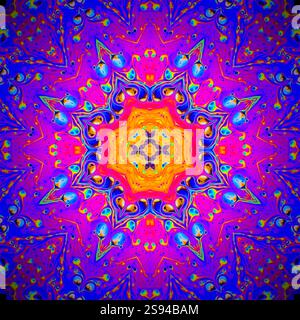 A unique kaleidoscope made from a photograph. Abstract kaleidoscope background. Beautiful psychedelic circular pattern. Multicolor geometric texture Stock Photo