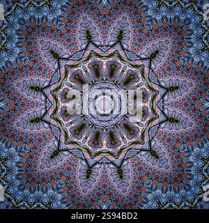 A unique kaleidoscope made from a photograph. Abstract kaleidoscope background. Beautiful psychedelic circular pattern. Multicolor geometric texture Stock Photo