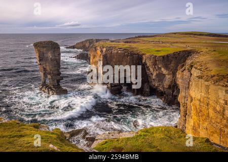 Yesnaby Castle is a sea stack that stands proud of the cliffs whilst being pounded by crashing waves at Yesnaby, Orkney, Scotland Stock Photo