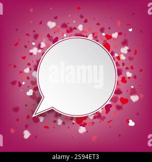 White Paper Speech Bubble Purple Background Hearts Confetti White paper speech bubble with flying hearts on the pink background. Stock Photo