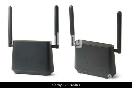 black wireless internet router with two antennas isolated white background, fiber optic Wi-Fi connection, rectangular shape device Stock Photo
