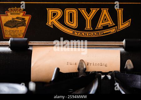 Close up of Royal Standard Typewriter with name typed on small piece of paper Stock Photo