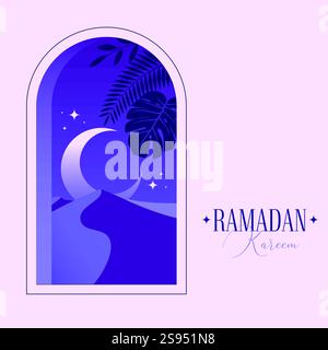 Arabian Landscape, Desert Dune of Sand and Palm trees under a Crescent Moon placed in an Arch Frame. Ramadan Kareem Holy Month social media post Stock Vector