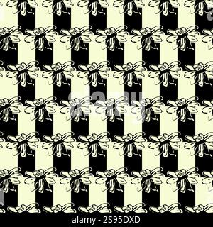 Checkered board, sketch hand drawn line flower abstract seamless pattern. Classical geometrical grid design. Black white vintage colour palette Stock Vector