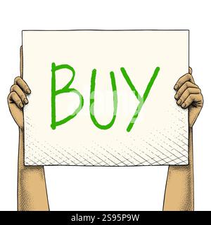 Hand Raises a Sign That Says Buy Colored Stock Vector