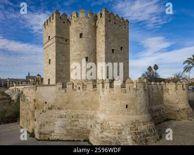 View of Calahorra tower a fortified gate in the historic center of Córdoba, Spain. The edifice is of Islamic origin guarding the Roman bridge Stock Photo