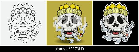 Lemon Fruit Inside Skull Head With Smoking Character Cartoon. Black White, Colorful and Sticker Style. For T shirt print, Brand Logo, Label and Mascot Stock Vector