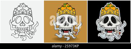Orange Fruit Inside Skull Head With Smoking Character Cartoon. Black White, Colorful and Sticker Style. For T shirt print, Brand Logo, Label and Masco Stock Vector