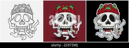 Raspberry Fruit Inside Skull Head With Smoking Character Cartoon. Black White, Colorful and Sticker Style. For T shirt print, Brand Logo, Label and Ma Stock Vector