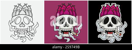 Dragon Fruit Inside Skull Head With Smoking Character Cartoon. Black White, Colorful and Sticker Style. For T shirt print, Brand Logo, Label and Masco Stock Vector