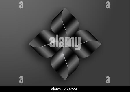 Metallic Abstract Flower Propeller, 3D vector geometric Rhomboid logo design isolated on black background. Technology silver floral cross icon in wave Stock Vector