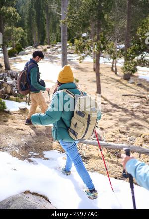 Group of people hiking on snow mountain on holiday Stock Photo