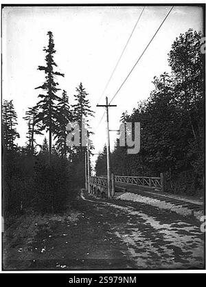 Green Lake Electric Railway tracks over a stone and wooden trestle bridge, Seattle, probably between 1891 and 1900 (WARNER 253). Stock Photo