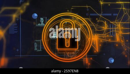 Lock icon and digital connections, data security image over abstract background Stock Photo