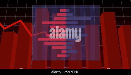 Red bar chart and fluctuating line graph image over grid background Stock Photo