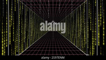 Digital tunnel with green binary code and grid lines, image of data flow Stock Photo