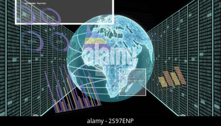 Global data analytics image over digital Earth with charts and graphs Stock Photo