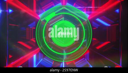 Speedometer image showing 89 mph over colorful geometric shapes Stock Photo