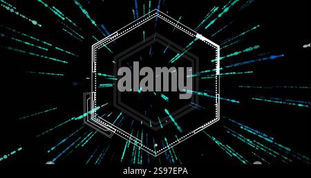 Hexagonal frame with blue and green light streaks image on black background Stock Photo
