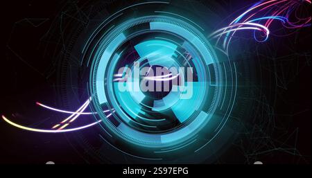 Rotating circular shapes and neon lights image over dark background Stock Photo