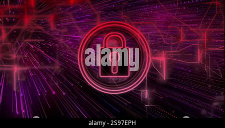 Lock icon and digital security image over abstract purple and red background Stock Photo